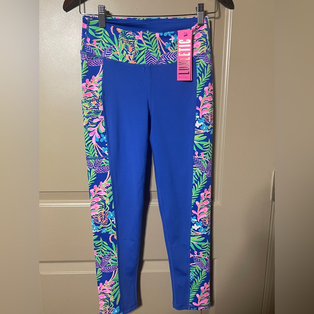 Lilly Pulitzer Royal Blue Leggings with Tropical Print Side Panels